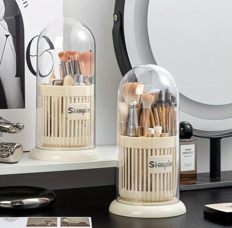 Generic Makeup Brush Organiser, Creamy White, with Transparent Lid and Stable Base, 25 cm, for Brushes and Lipsticks, .rom Caddy