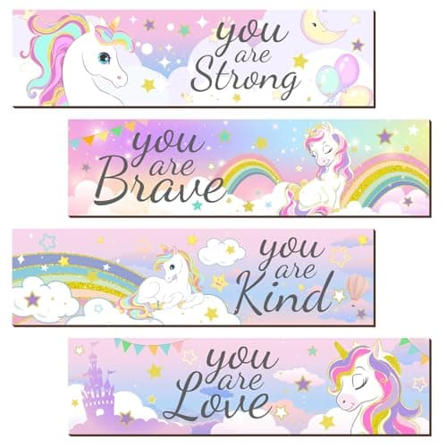 Geetery 4 Pcs Unicorn Wall Signs, 3.15 x 11.81in, Wooden Girls Room Decor | 4 Unicorn Wooden Wall Signs, 3.15 x 11.81 in, Fantasy-themed Plaques for Bedroom, Playroom, Craft Room, or Party Decor Decorative signage