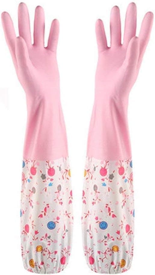 1 Pair Long Waterproof Insulation Latex Rubber Household Cleaning Gloves Velvet Lining Winter Dishwashing Gloves (Pink) Protective glove