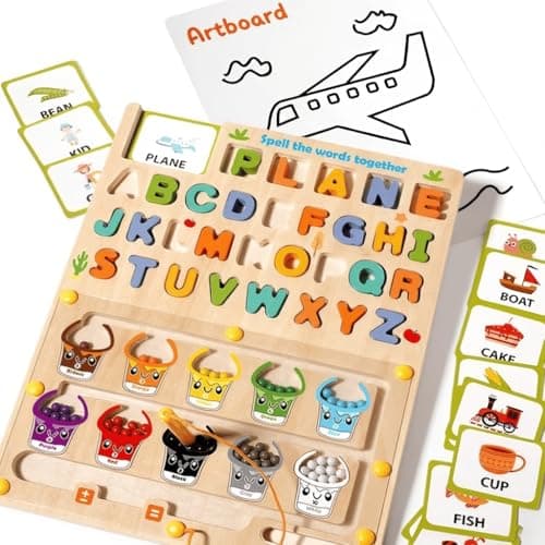 2-in-1 Magnetic Color & Number Maze with Word Spelling - Montessori Wooden Color-Matching Learning Counting Puzzle Board & Drawing Board - Fine Motor Skills Toys for Toddler Boys and Girls Aged 3-5