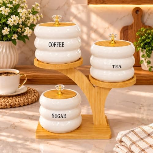 Generic Elegant porcelain spice set with wooden stand, Contains 3 containers: sugar, tea, and coffee, Wooden stand, .Ais