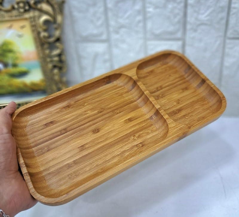 Generic Bamboo Serving Tray with 2 Compartments, Waterproof Divided Snack and Breakfast Platter, 30x15 cm .mk