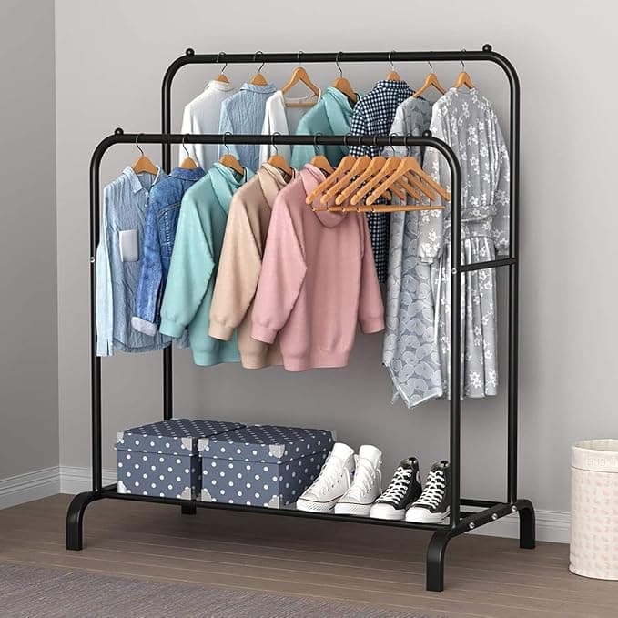 Wrought Iron Metal Clothing Rack with Storage Shelf and Bag Holder Stand Clothes rack