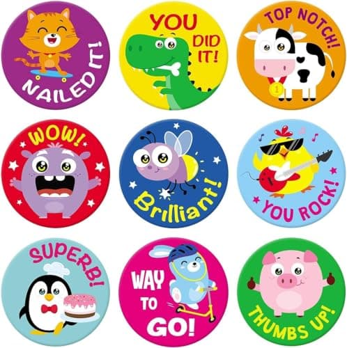 100Kids Reward Stickers with Motivational Messages, 9 Designs | Cartoon Animals, Teacher Supplies, Praise & Encouragement, Colourful Round Labels, For Students