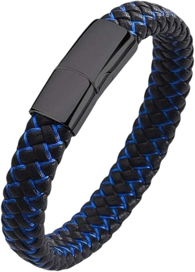 Men's Leather Bracelet Multilayer Braided Black and Blue Magnetic Clasp Black