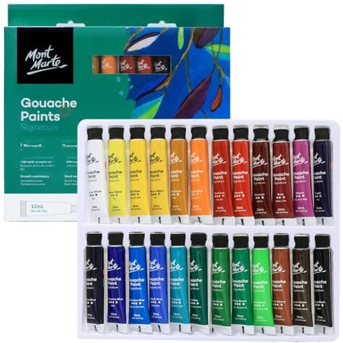 Mont Marte Signature Gouache Paint 24 x 12 ml (0.4 oz), Semi-Matte Finish, 24 Colors, Suitable for Use with Canvas, Watercolor Paper and Mixed Media, Multicolor