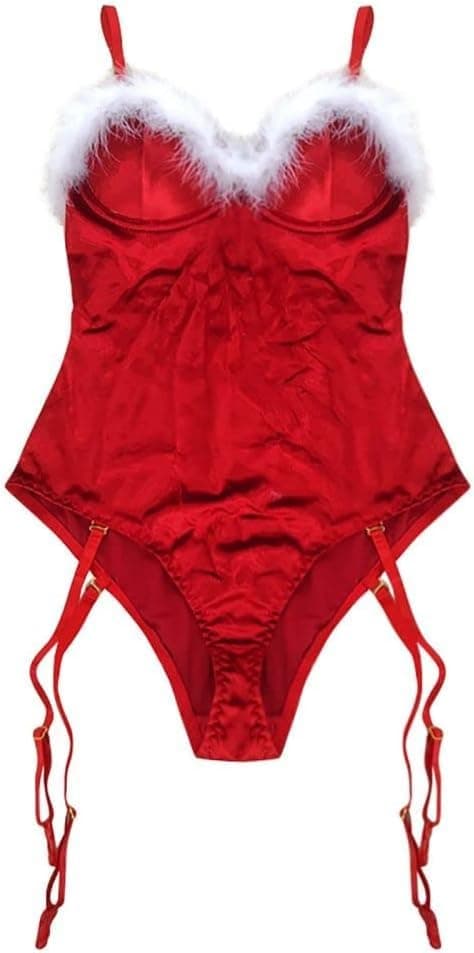 Women's Short Plush Babydoll - One Piece With Belt And Drawstring Without Socks - Red