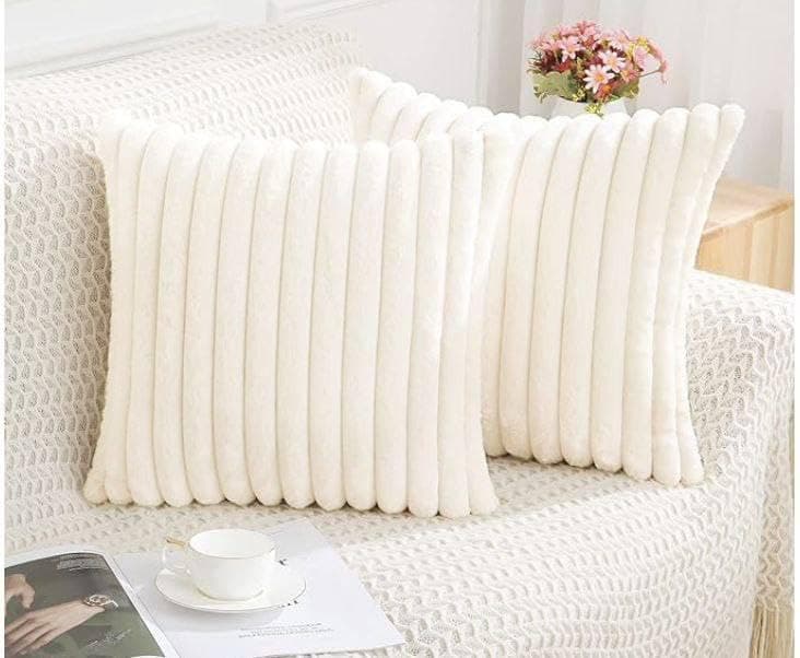 Generic Faux Fur Throw Pillow Covers, Cream White, 45x45 cm, Soft Plush Cushion Cases with Zipper Closure, 2 Pack .flo (off white) Decorative pillow cover