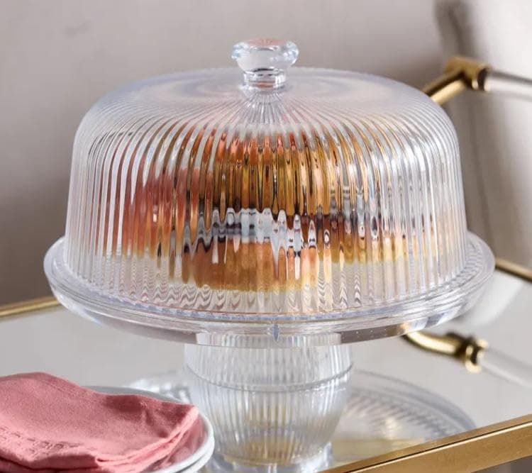Generic Ribbed Clear Cake Stand with Dome Cover, Multi-Purpose Pedestal Display, 29cm Diameter, .KI