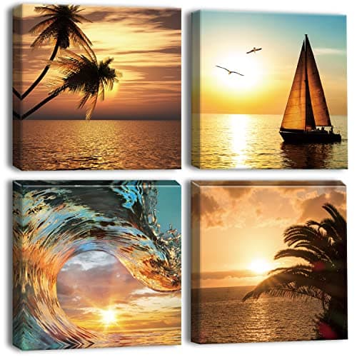 Artscope Wall Art Canvas Prints - Palm Tree, Sailboat and Sea Photo Painting - Modern Framed Wall Artwork as a Gift, for Bathroom, Office, Kitchen Home Decor - 30x30cm 4pcs