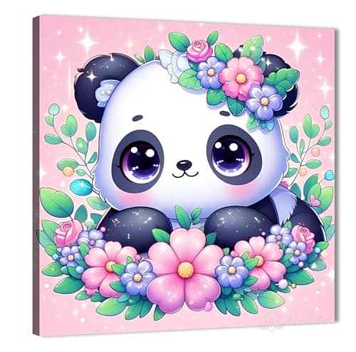 Nova Art Canvas Wall Art Cute Panda Flower Crown Amidst Sparkling Pink Background Modern Wall Decor for Bedroom Living Room Office Etc Modern Home Decor 30cm x 30cm