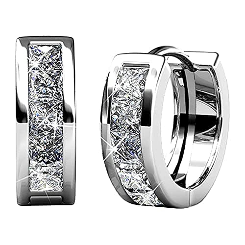 Julia Store 18k White Gold Plated Crystal Hoop Earrings with Austrian Crystals, Beautiful Sparkling Silver Small Hoops Earring