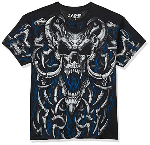 Liquid Blue Men's Blue Flame Skull T-Shirt, Black, XL