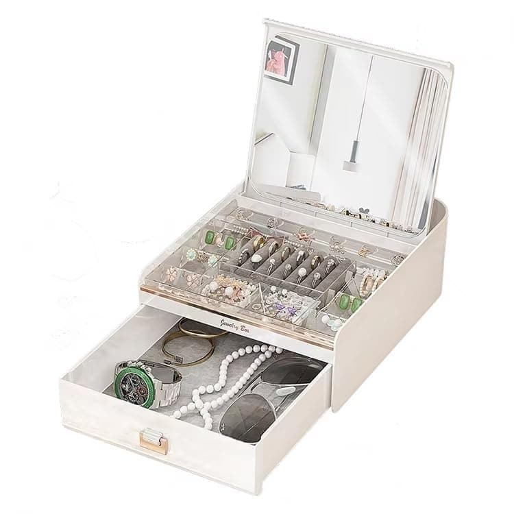 Jewelry Organizer Box with Mirror and Lid Automatically Opens | Retractable Tray, Multi-Layer, Dustproof, Clear Display, Ring Holder and Earrings Jewelry storage