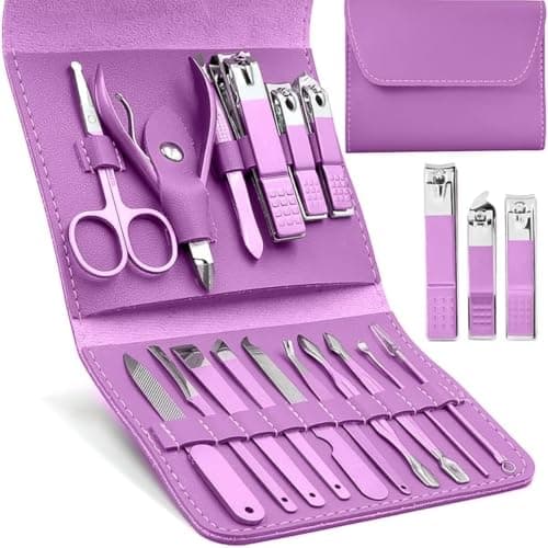 Manicure Set 16 in 1, Stainless Steel Nail Clippers and Pedicure Kit with Scissors and Grooming Tools, Leather Travel Case for Men and Women, Purple Beauty