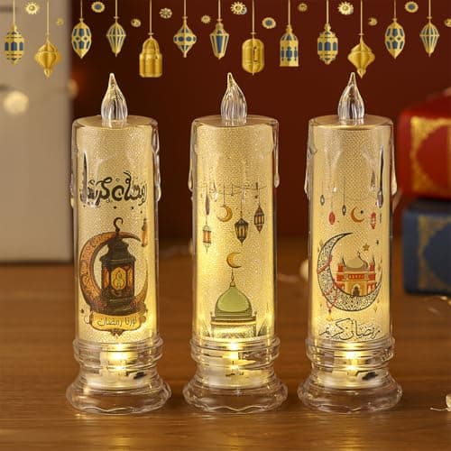 Aowin 3 Pcs Eid Mubarak Flameless Candles Light,LED Candles Light Ramadan Decorations,Flameless White Candles Lights with Moon Castle Lantern Pattern,Muslim Night Light Home Ramadan Eid Decorations Lamp