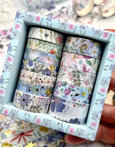 Aristo Floral Patterned Tape Set, 12 Rolls, Colors: Pink, Purple, Green, Sky Blue, Multiple Lengths: 1cm, 1.5cm, 2cm, DIY Tape... (Sky Blue) Adhesive tapes