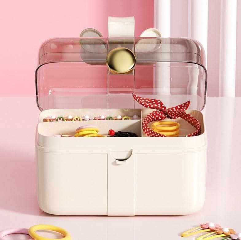 Generic Vanity organizer with an acrylic lid and a bow-shaped handle, Suitable for hair accessories, cosmetics, and perfume bottles, Two-tier design with a detachable top shelf, Beige color, .mk Caddy