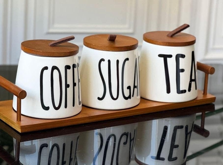 Generic Coffee, Sugar and Tea Canister Set, White with Wooden Lids and Serving Tray, 3 Piece, .flo Food storage container