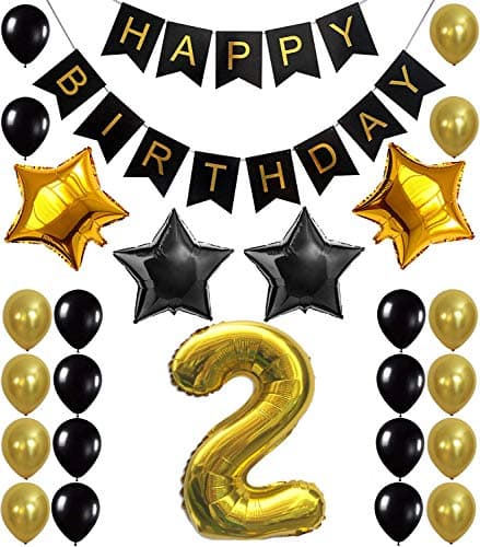 38pcs Black Happy Birthday Set 2th Birthday Banner Balloons Set for 2 Years Old Birthday Party Decoration Supplies Gold Black Party decoration pack