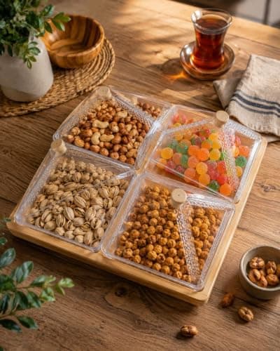 Generic Serving tray for snacks with a wooden base,Features 4 clear acrylic bowls with lids to keep contents fresh,Ideal for nuts, snacks, candy, chocolates,dates, .ho