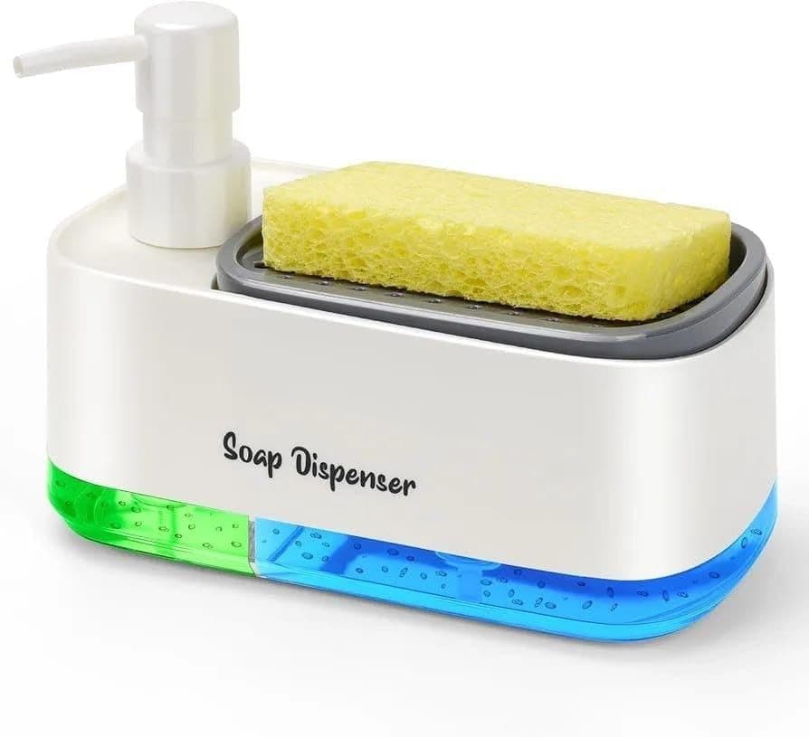 Soap Dispenser for Kitchen and Bathroom with Sponge Holder and Washing Pump – Dual Design Soap Dispenser and Sink Space Organizer