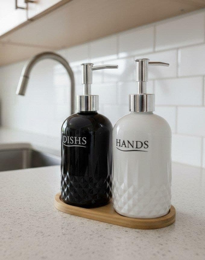 Generic Porcelain Soap Dispenser Set, Dishes and Hands Pump Bottles with Wooden Stand, Black and White, .bak