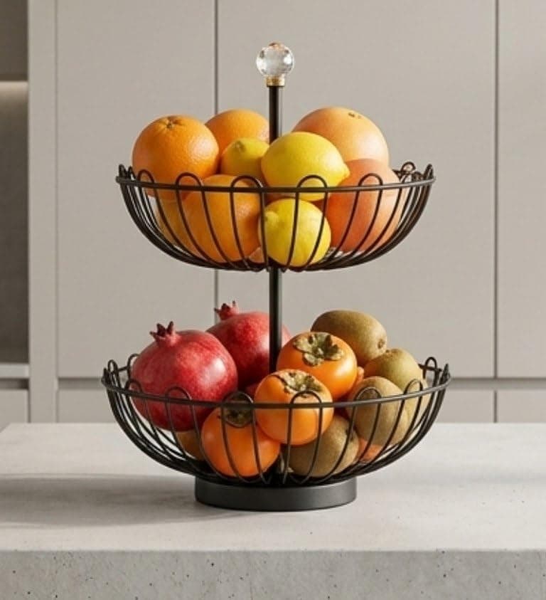 Generic 2-Tier Metal Fruit Stand, Black, Heavy-Duty Fruit Holder for Kitchen Counter or Outdoor Table, .ar