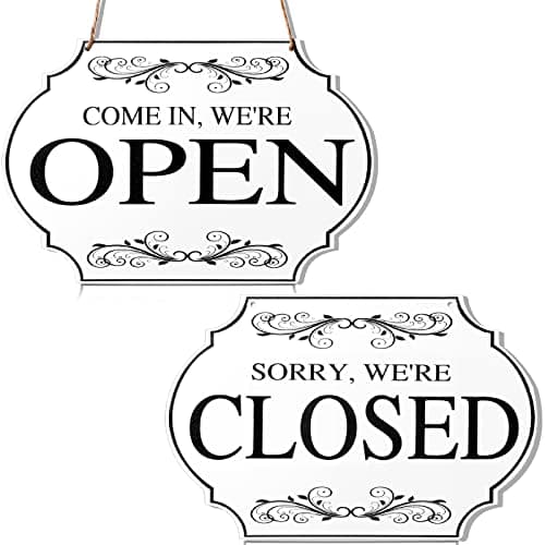 Rustic Wooden Store Open and Closed Business Sign Two Sided Reversible Come In We're Open or Closed Store Hanging Sign for Coffee Bar Shop Door Window, 11.8 x 7.8 Inch (White Boards, Black Words) Signage