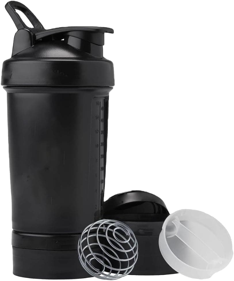Shaker Bottle with Pill Organizer & Protein Powder Storage - 3 Layer 450ml Leakproof Lid BPA Free Twist Lock Containers - Ideal for Gym Goers (Multicolor)