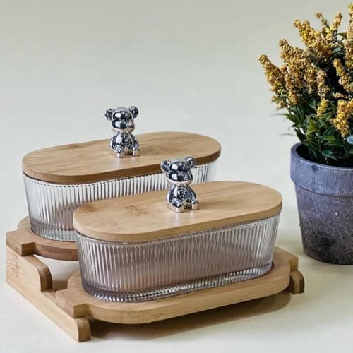 Generic Glass Snack and Candy Container Set with Wooden Lid, Stand, and Silver Bear Handle, Set of 2, .bs Food storage container