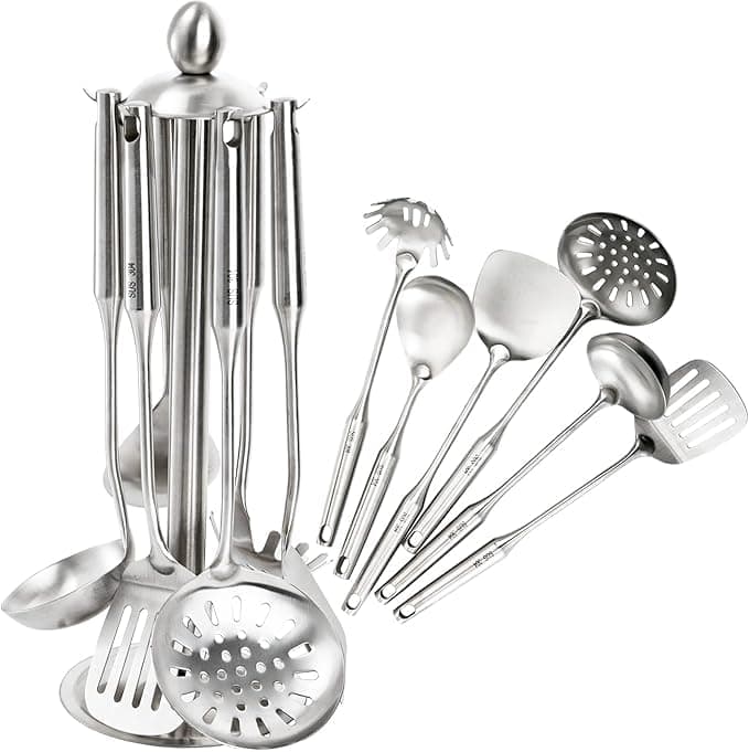 Premium 7-Piece 304 Stainless Steel Kitchen Utensil Set - Silver Cookware with Rotating Stand - Includes: Soup Ladle, Spaghetti Server, Assorted Spoons & More