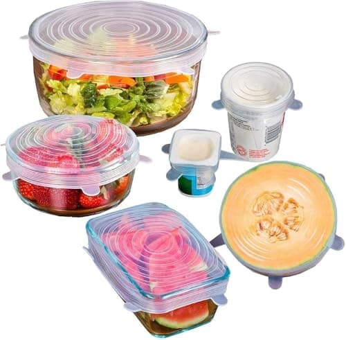 6-Piece Square Silicone Stretch Lids Multi Size Reusable Food Storage Covers for Containers Bowls Jars Fridge Safe Kitchen Storage Set Clear Blue