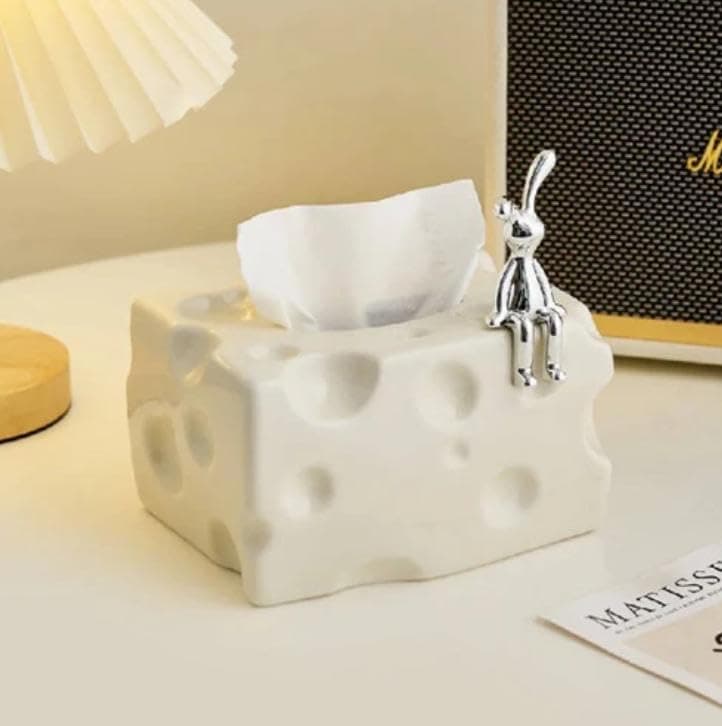 Generic Cheese Block Tissue Box Holder with Silver Mouse Figurine, Novelty Design, Includes 550 Tissues, .za