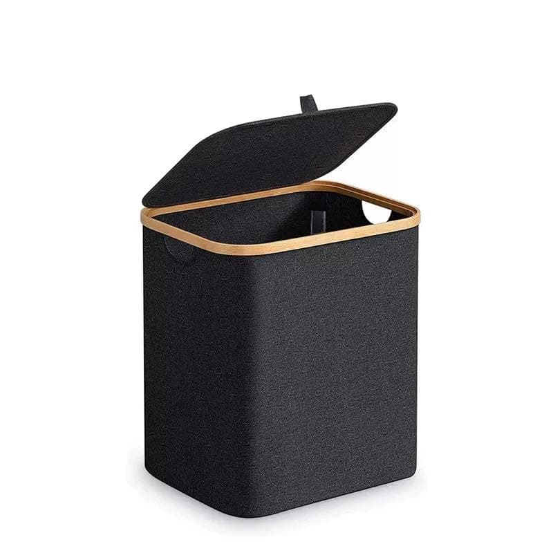 Generic Foldable Laundry Basket with Lid, Black, Linen Material, Square Shape, PEVA Waterproof Coating, Built-in Handles, .sa