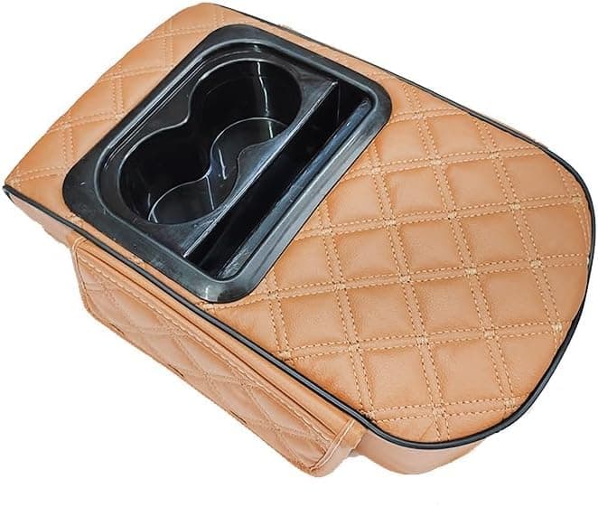 SA CAR Car Armrest, Multifunctional Compact Compact Car Armrest with Lift Pad, Cup Holder, Mobile Phone Slot, Side Pockets (Camel)