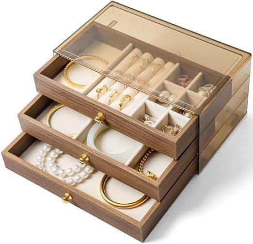 Luxury Jewelry Organizer 3 Tier Wooden Design Clear Lid Accessories Storage Box Gold Accents Velvet Lining Elegant Jewelry Cabinet for Rings Bracelets Necklaces