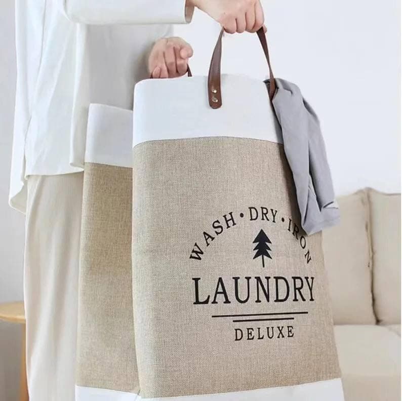 Generic Large Linen Laundry Basket with Leather Handles, Fully Lined, Multi-Purpose for Laundry and Toys, Beige, .db Laundry hamper