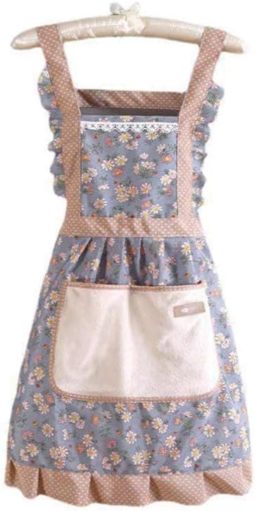 Cotton Dress Lace Apron - Comfortable and Easy Clean Kitchen Apron with Large Pocket Butterfly and Derbia Design on the Sides - Calm Colors Floral Print - Suitable for Daily Use KH