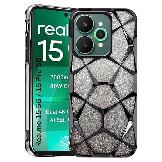 Case Gradient Glitter Luxury (Compatible with Realme 15 Pro) Electroplated 3D Cube, Diamond Bling Shiny Soft TPU Clear Shockproof Women Girls Protective Phone Cover (Black)