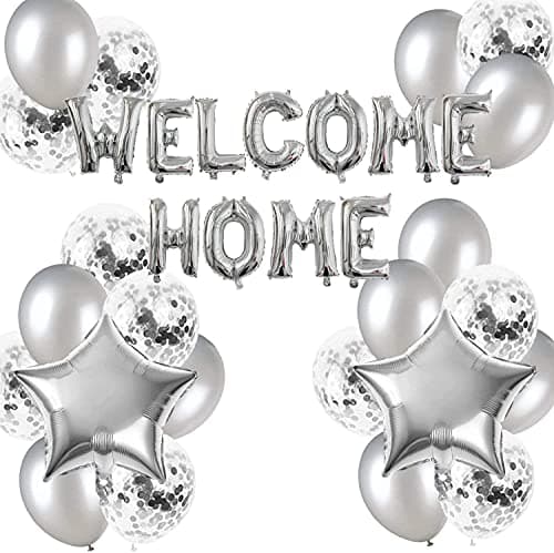 Secret Welcome Home Letter Balloon Banner with Star Sequin Balloons for Home Family Party Decorations( 24 Pack)(Metallic Silver)