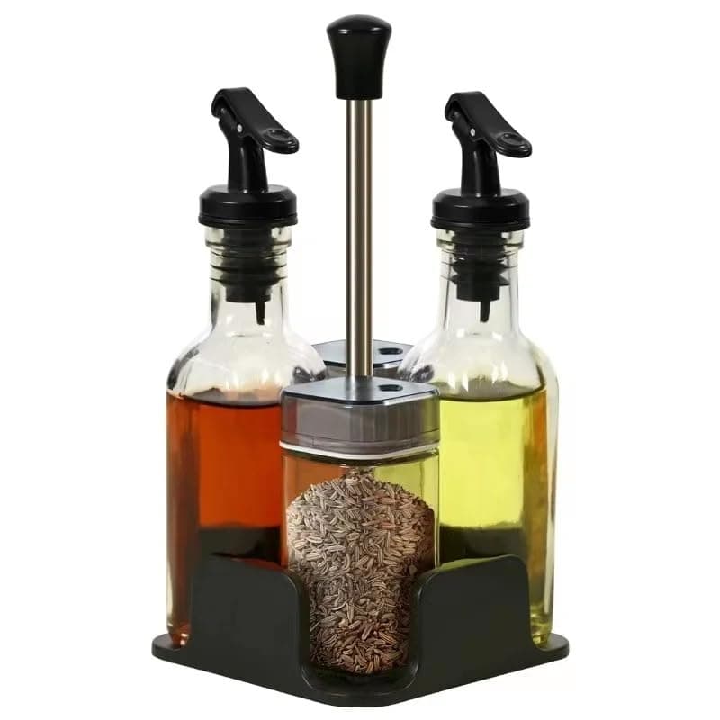 Salt and Pepper Shaker Vinegar Oil Set (5 Piece Set)， 2 Oil Bottle 160ML, 2 Spice Jars With stainless steel Screw Top 120ML The Rotating Design of the Salt Shaker Bottle Cap Can and premium stand Food shaker