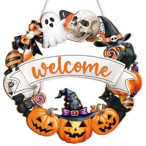 Halloween Decoration Wooden Ghost Door Wreath for Front Door Sign Wall Signs, Pumpkin Bat Black Cat Happy Halloween Sign Hanging for Home Wall Decor Party Outdoor Indoor Supply