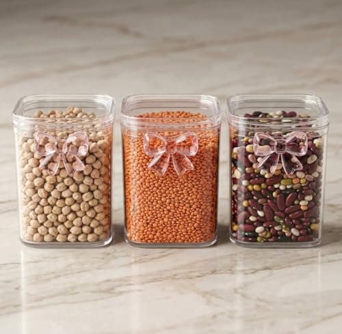 Generic Clear Acrylic Food Storage Jars, 3 Pack, 600ml Each, with Spoons, Durable and Unbreakable, Pink Bow Detail, .nin Food storage container