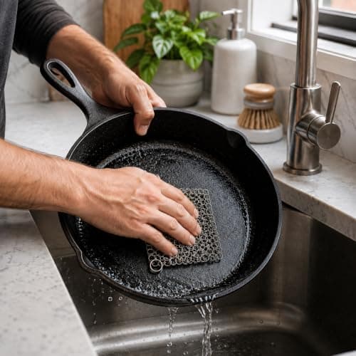 Cast Iron, Stainless Steel, Cookware Scrubber, 10x10 Cm, Reusable, Cleaning | Kitchen Cleaning Use, Cast Iron And Stainless Steel Cookware, Reusable Design, Durable Scrubbing Surface, Easy Grip, Everyday Cleaning brush