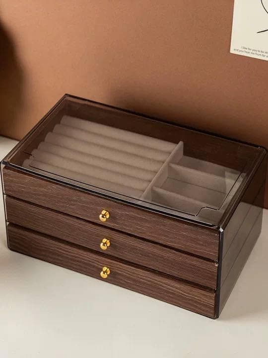 Three-Tier Natural Wood Accessory Box with Clear Lid and Metal Handle for Jewelry Organization