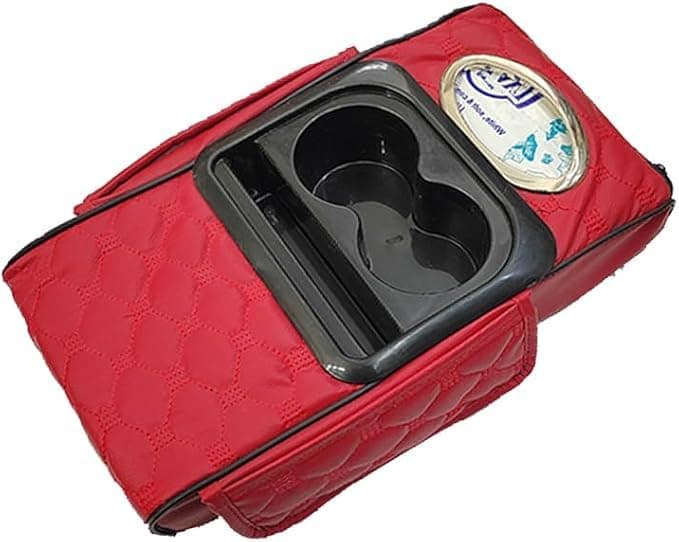 SACAR Multifunctional Car Armrest Compact Design Lift Pad with Cup Holder Phone Slot and Side Pockets (With Tissue Box, Red) Auto part
