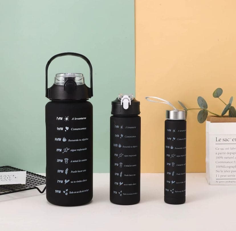 Sports Water Bottle Set with 3 Pieces Different Sizes, 3 Pack (2L + 900ml + 300ml), Leak Proof, BPA Free, Portable Plastic Sports Bottle for Camping, Bike, School