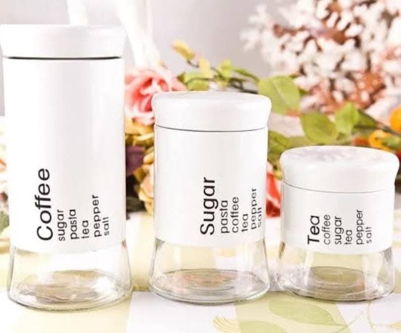 Generic Glass and Metal Canister Set of 3, 350ml / 600ml / 800ml, Off-White, .db