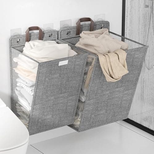Laundry Hamper Grey Mesh Laundry Hamper Durable Cloth Size 57x40cm Dirty Clothes Easy to Hang on Walls and Doors Double Fixing for Bathrooms Bedrooms | By Generic